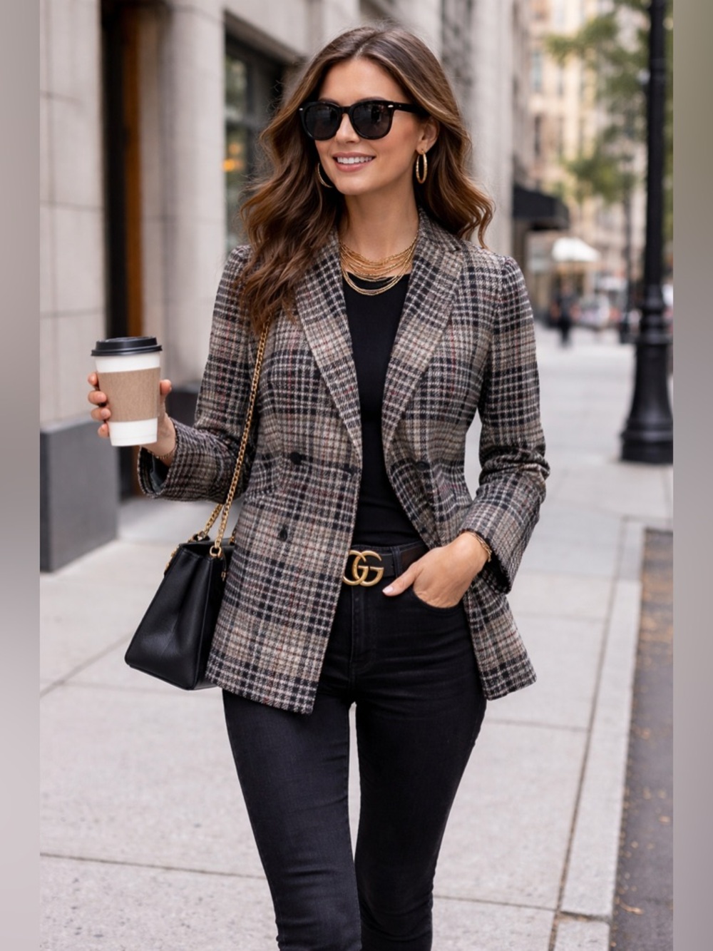 TALBOTS Women's Gray Coral Black Plaid Double Breasted BRADWELL Blazer 4P NEW